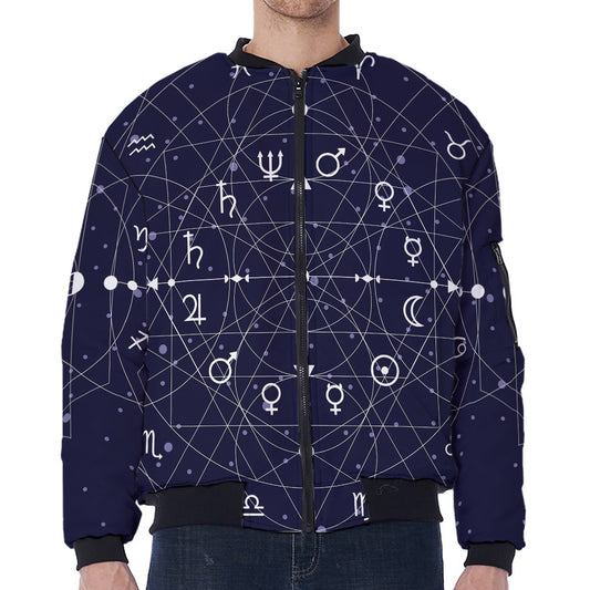 Geometric Moon Phase Print Zip Sleeve Bomber Jacket