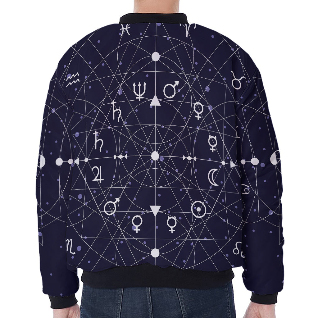 Geometric Moon Phase Print Zip Sleeve Bomber Jacket