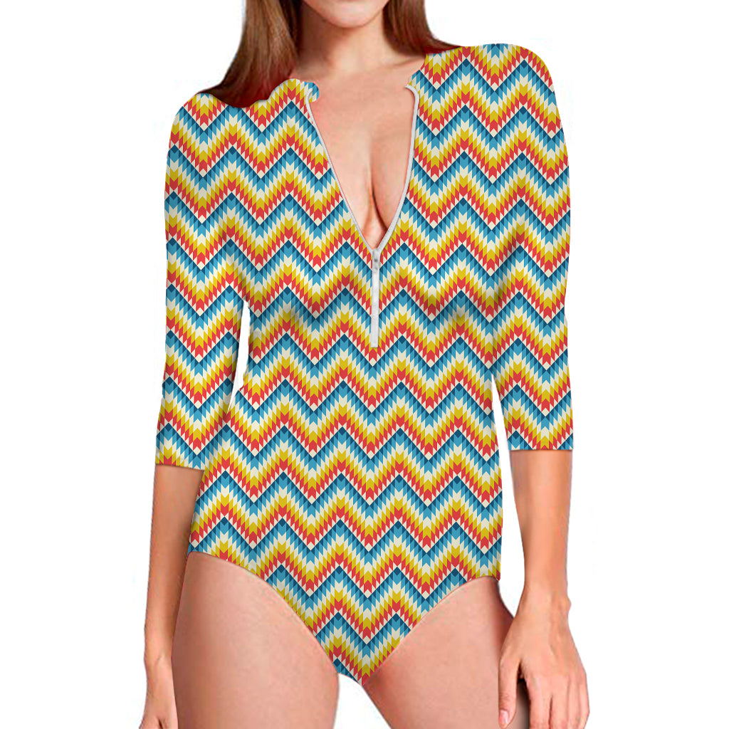 Geometric Native American Pattern Print Long Sleeve Swimsuit