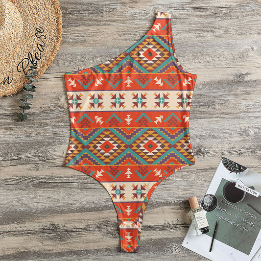 Geometric Native Navajo Print One Shoulder Bodysuit