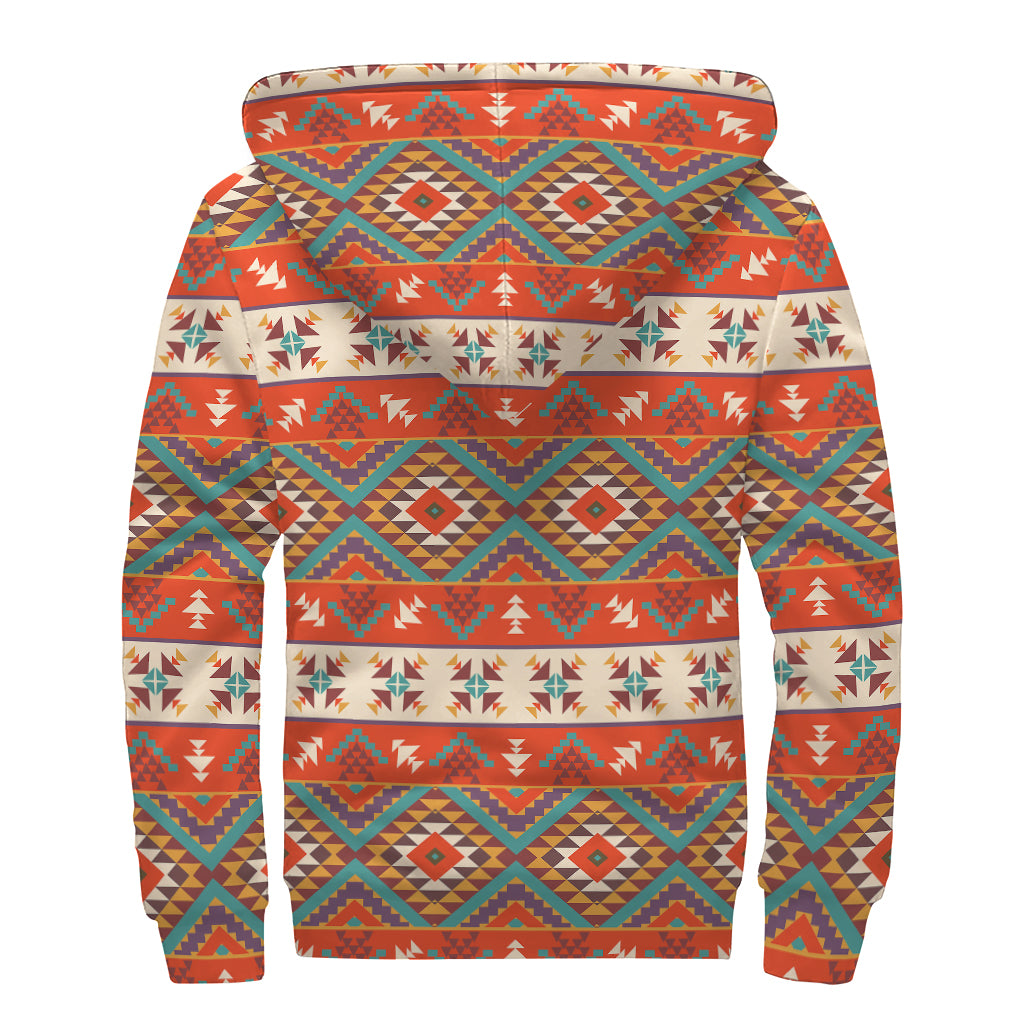 Geometric Native Navajo Print Sherpa Lined Zip Up Hoodie
