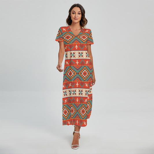 Geometric Native Navajo Print Short Sleeve Maxi Dress