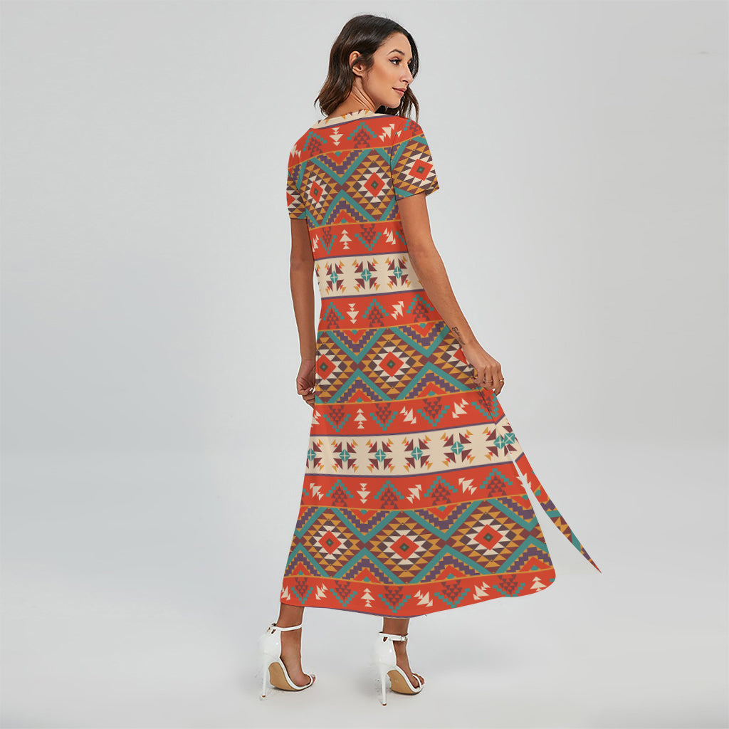 Geometric Native Navajo Print Short Sleeve Maxi Dress