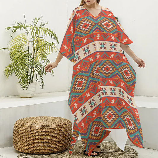 Geometric Native Navajo Print Silk V-Neck Kaftan Dress