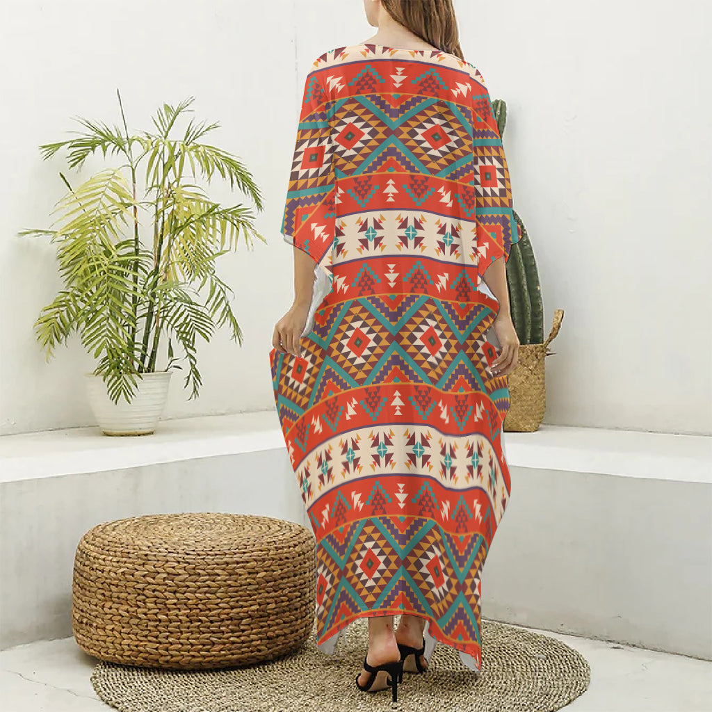 Geometric Native Navajo Print Silk V-Neck Kaftan Dress