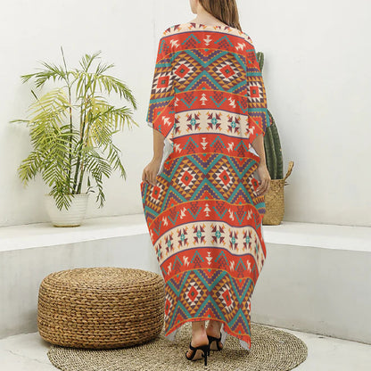 Geometric Native Navajo Print Silk V-Neck Kaftan Dress