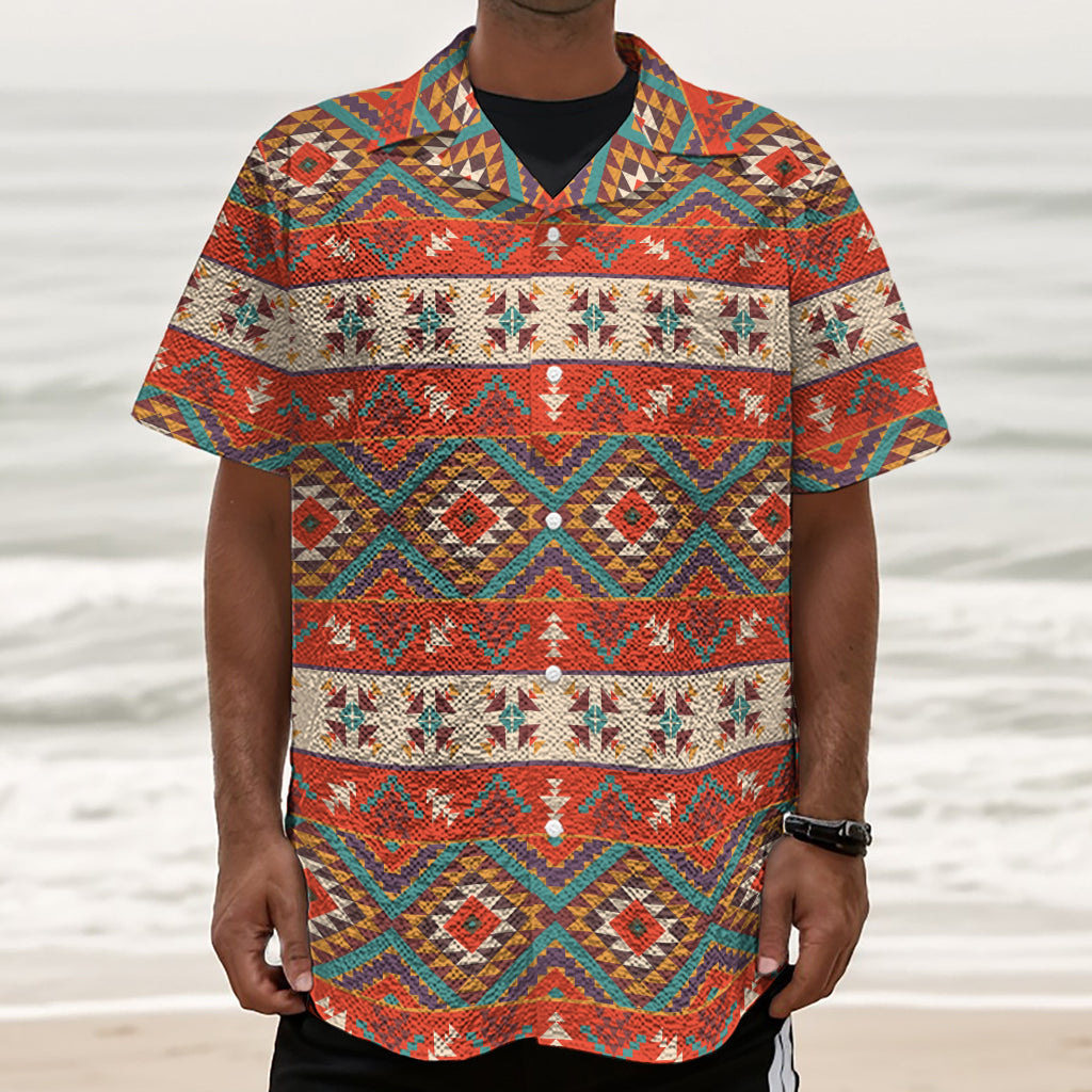 Geometric Native Navajo Print Textured Short Sleeve Shirt