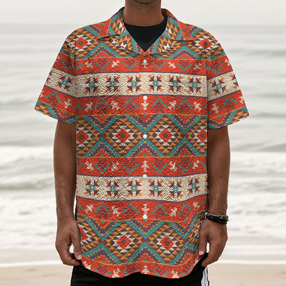 Geometric Native Navajo Print Textured Short Sleeve Shirt