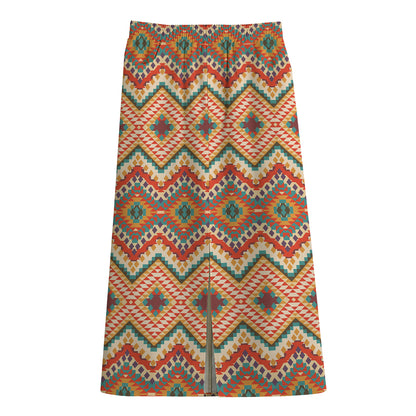 Geometric Navajo Pattern Print Cotton Front Slit Maxi Skirt