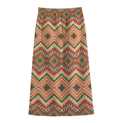 Geometric Navajo Pattern Print Cotton Front Slit Maxi Skirt