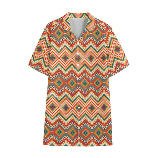 Geometric Navajo Pattern Print Cotton Hawaiian Shirt