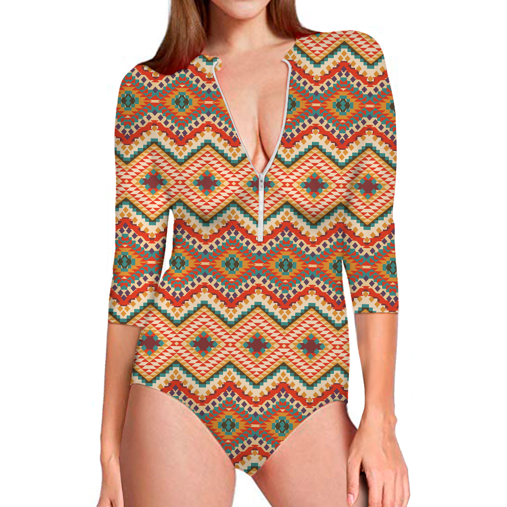 Geometric Navajo Pattern Print Long Sleeve Swimsuit