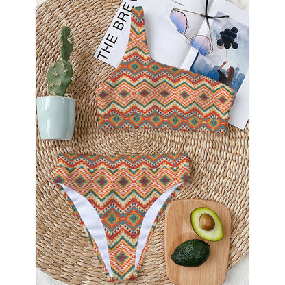 Geometric Navajo Pattern Print One Shoulder Bikini Top