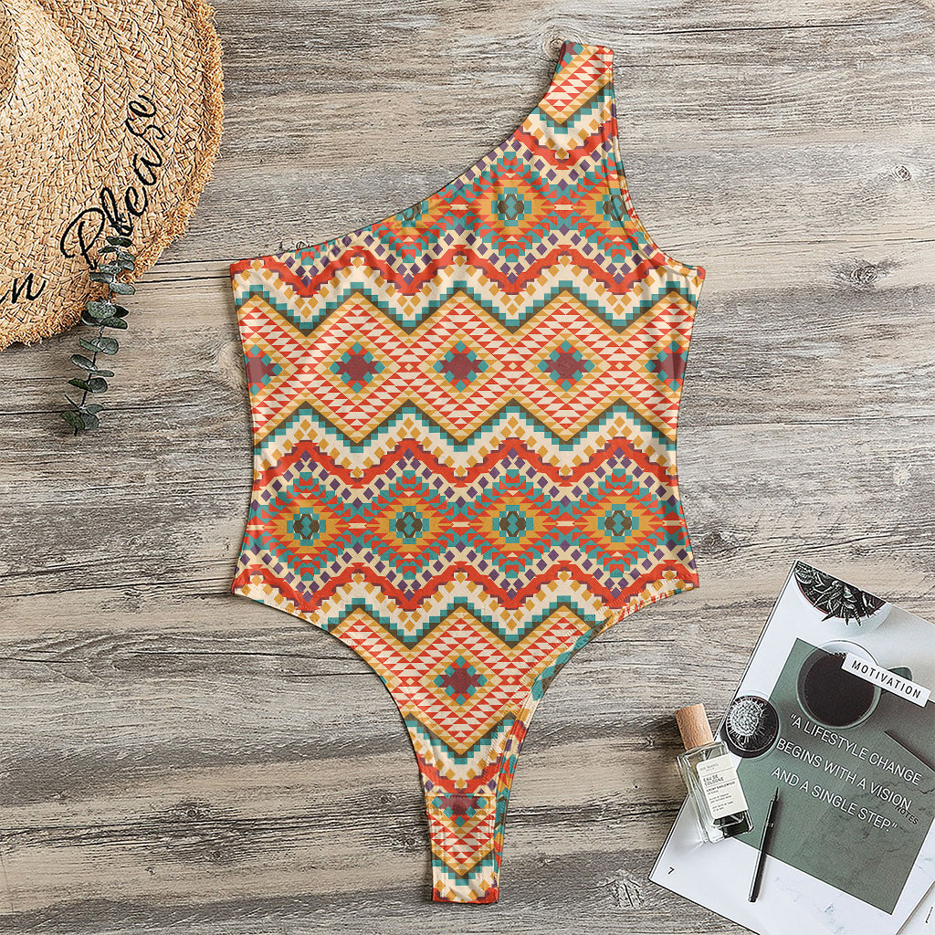 Geometric Navajo Pattern Print One Shoulder Bodysuit