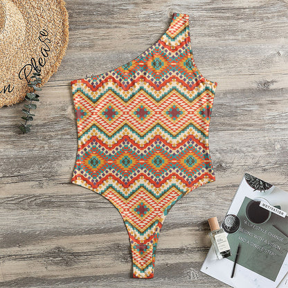 Geometric Navajo Pattern Print One Shoulder Bodysuit