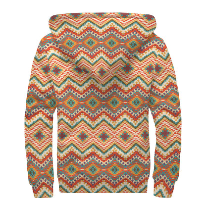 Geometric Navajo Pattern Print Sherpa Lined Zip Up Hoodie