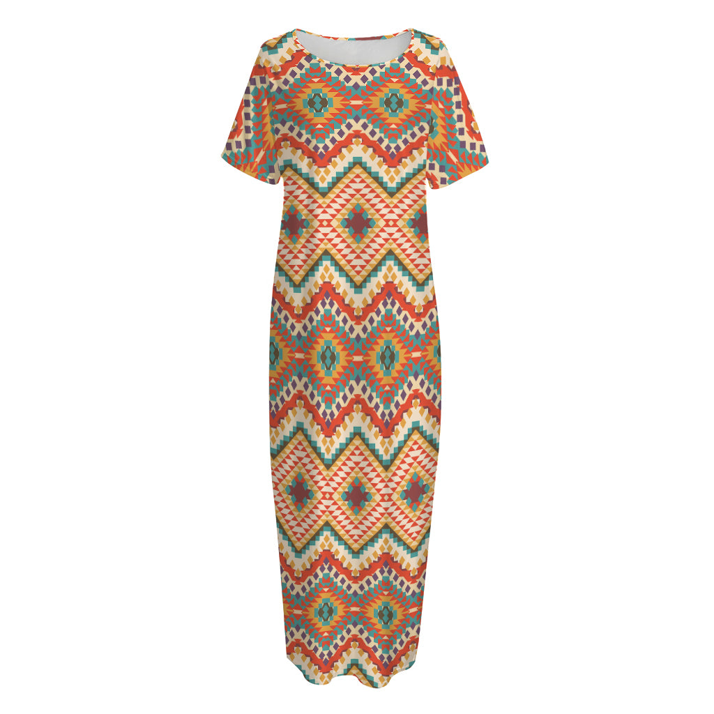 Geometric Navajo Pattern Print Short Sleeve Long Nightdress