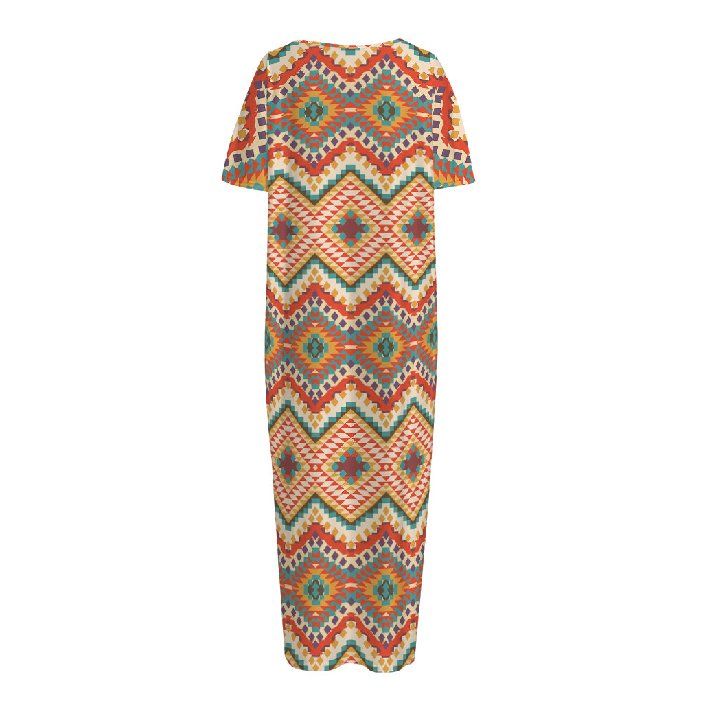 Geometric Navajo Pattern Print Short Sleeve Long Nightdress