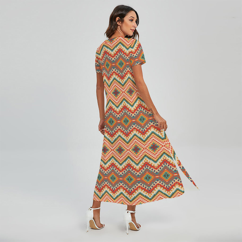 Geometric Navajo Pattern Print Short Sleeve Maxi Dress