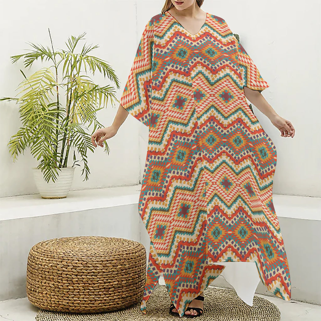 Geometric Navajo Pattern Print Silk V-Neck Kaftan Dress