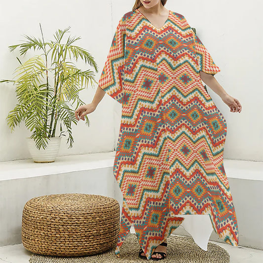 Geometric Navajo Pattern Print Silk V-Neck Kaftan Dress
