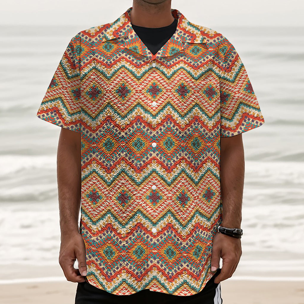 Geometric Navajo Pattern Print Textured Short Sleeve Shirt