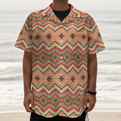 Geometric Navajo Pattern Print Textured Short Sleeve Shirt