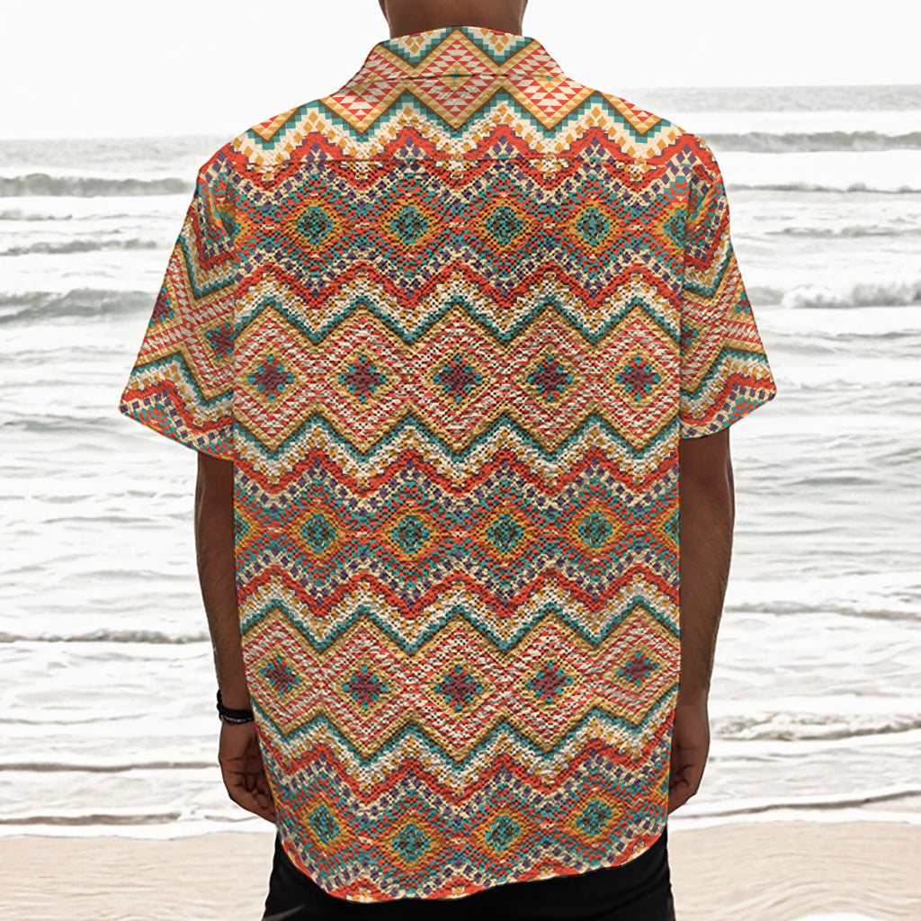 Geometric Navajo Pattern Print Textured Short Sleeve Shirt