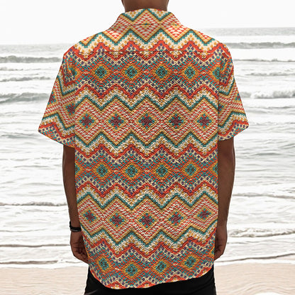 Geometric Navajo Pattern Print Textured Short Sleeve Shirt