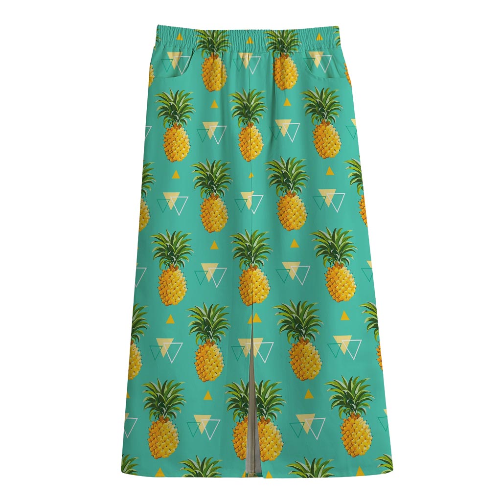 Geometric Pineapple Pattern Print Cotton Front Slit Maxi Skirt