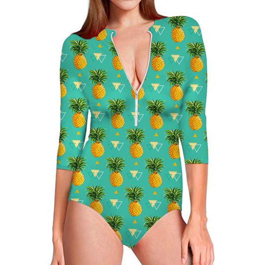Geometric Pineapple Pattern Print Long Sleeve Swimsuit