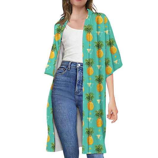 Geometric Pineapple Pattern Print Open Front Beach Cover Up