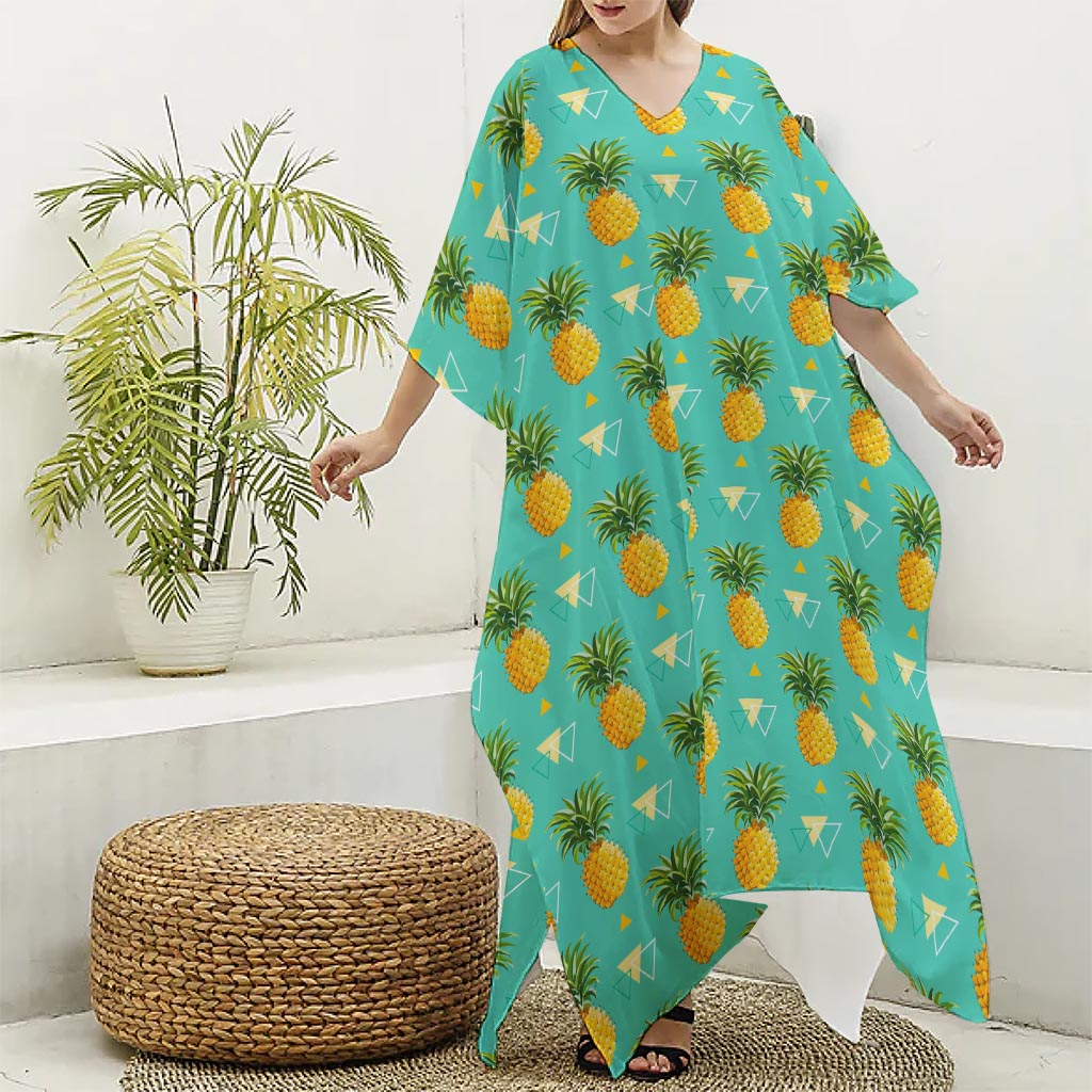 Geometric Pineapple Pattern Print Silk V-Neck Kaftan Dress