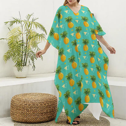 Geometric Pineapple Pattern Print Silk V-Neck Kaftan Dress