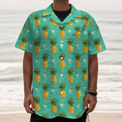 Geometric Pineapple Pattern Print Textured Short Sleeve Shirt