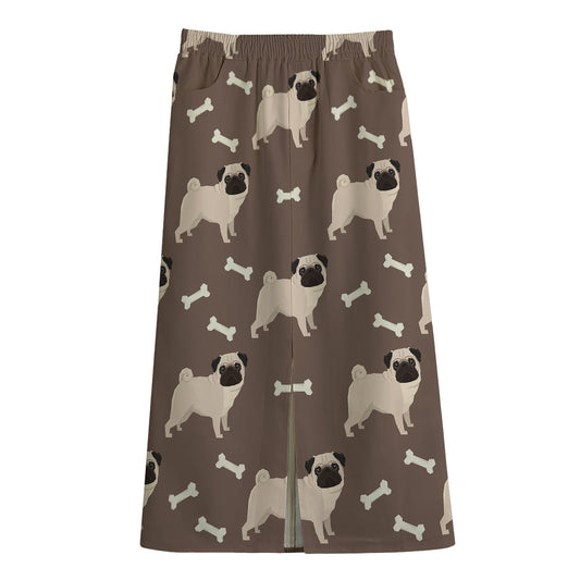 Geometric Pug Pattern Print Cotton Front Slit Maxi Skirt