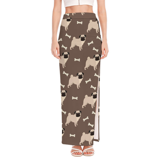 Geometric Pug Pattern Print High Slit Maxi Skirt