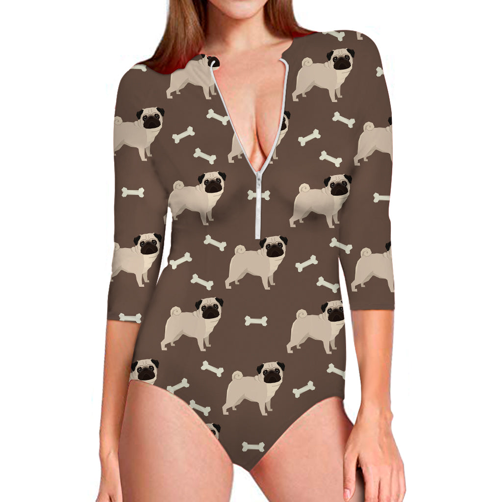 Geometric Pug Pattern Print Long Sleeve Swimsuit