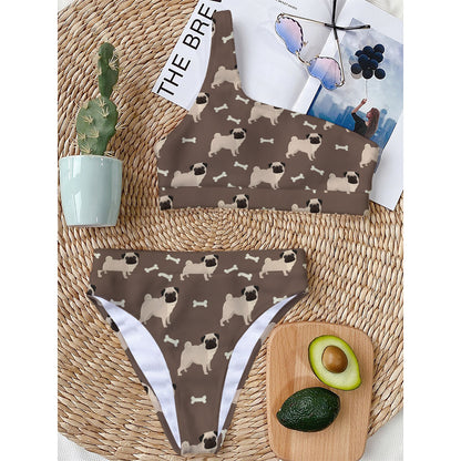 Geometric Pug Pattern Print One Shoulder Bikini Top