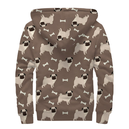 Geometric Pug Pattern Print Sherpa Lined Zip Up Hoodie