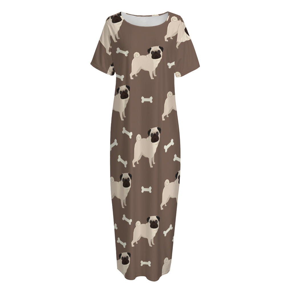 Geometric Pug Pattern Print Short Sleeve Long Nightdress