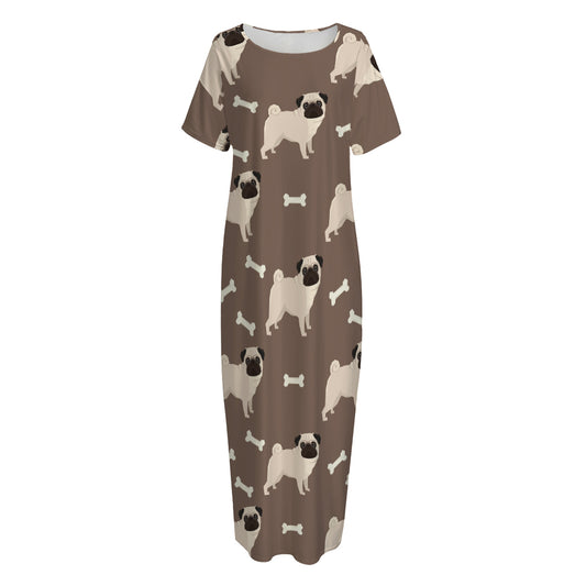 Geometric Pug Pattern Print Short Sleeve Long Nightdress