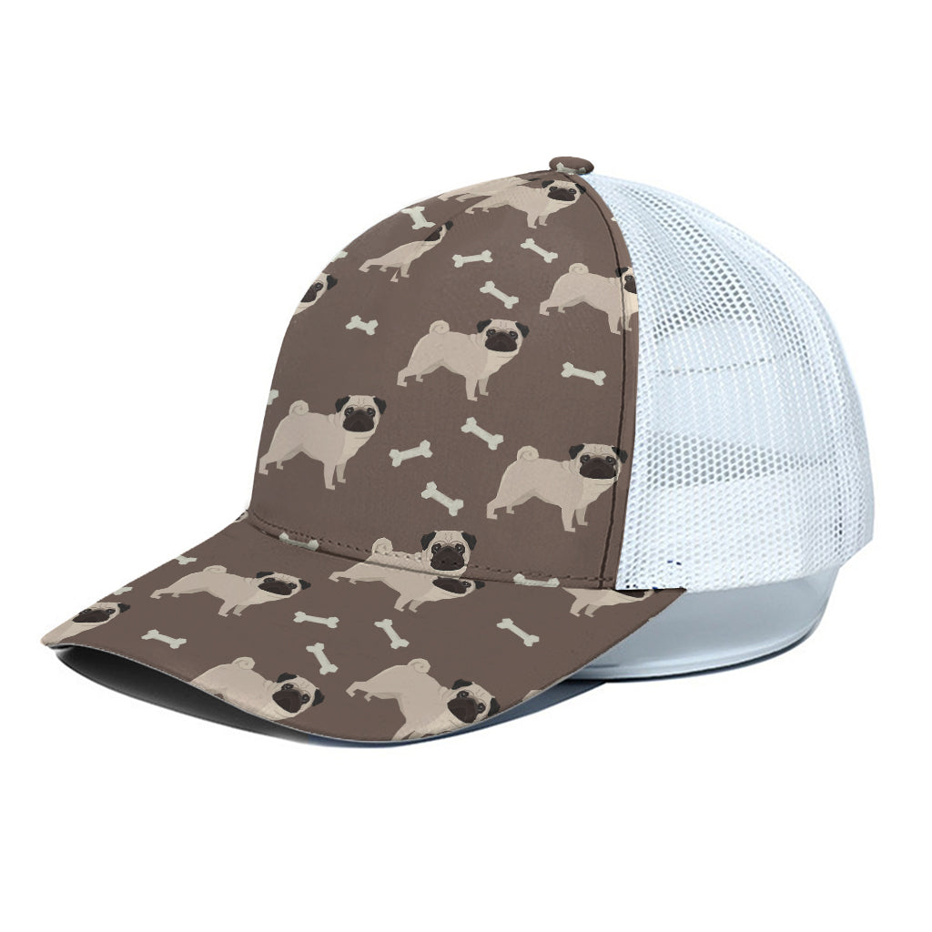 Geometric Pug Pattern Print White Mesh Trucker Cap