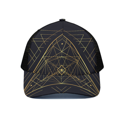 Geometric Pyramid Print Black Mesh Trucker Cap
