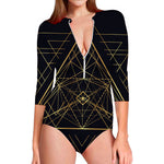 Geometric Pyramid Print Long Sleeve Swimsuit