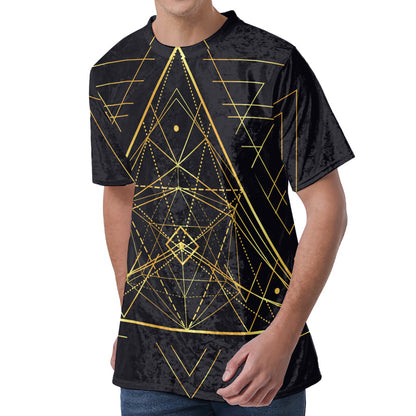 Geometric Pyramid Print Men's Velvet T-Shirt