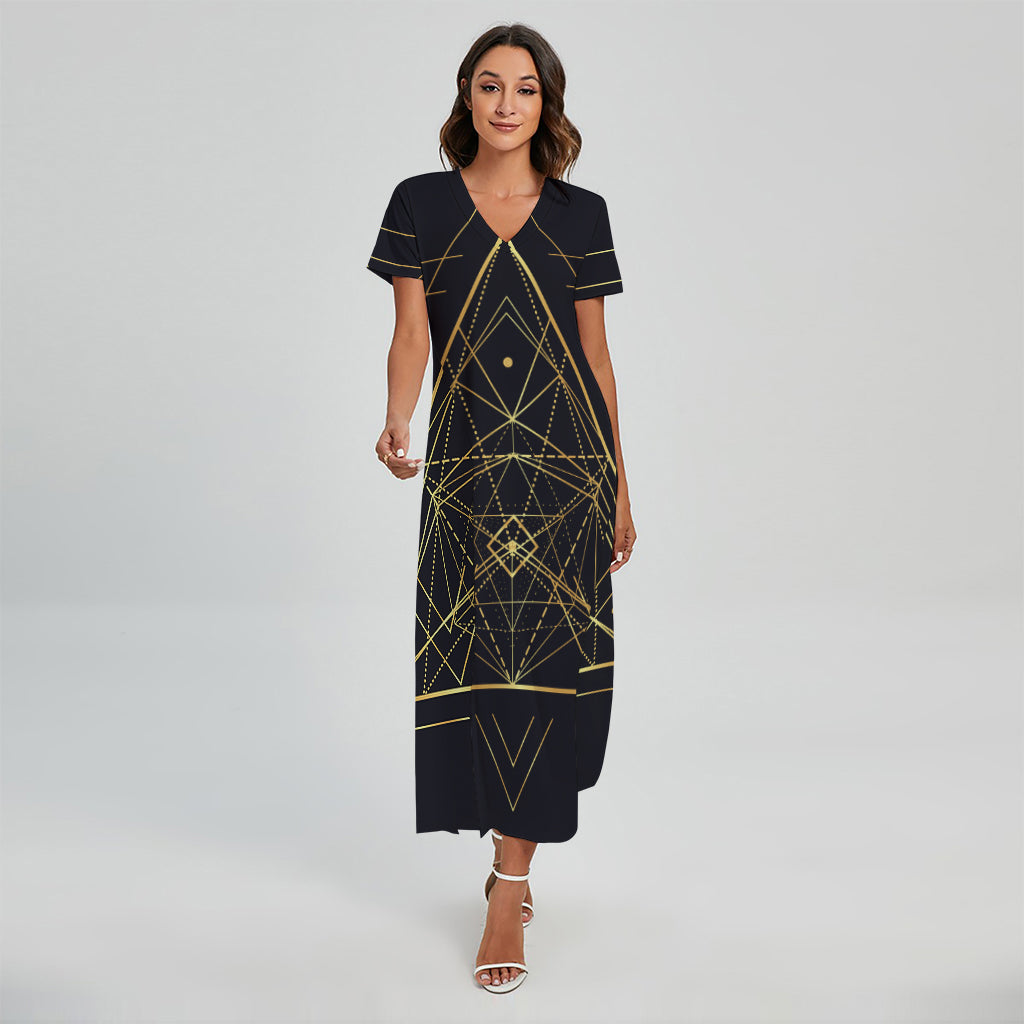 Geometric Pyramid Print Short Sleeve Maxi Dress