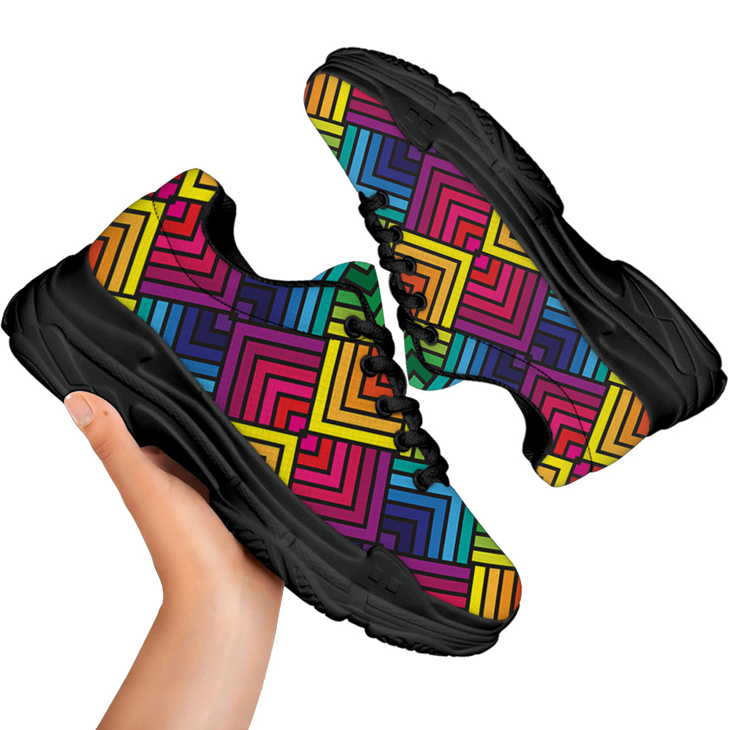 Geometric Rainbow Pattern Print Black Chunky Shoes