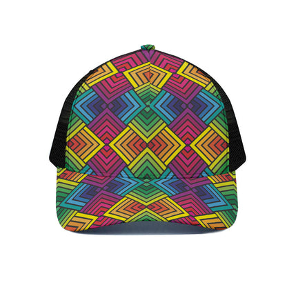 Geometric Rainbow Pattern Print Black Mesh Trucker Cap
