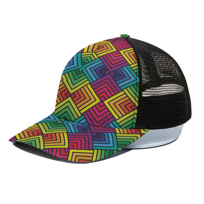 Geometric Rainbow Pattern Print Black Mesh Trucker Cap
